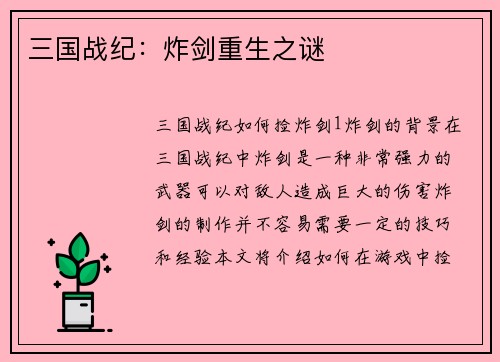 三国战纪：炸剑重生之谜